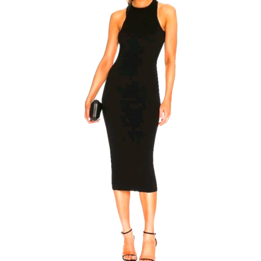 House of Harlow 1960 Ribbed Knit Bodycon Midi Dress Black Stretch Mock Neck XS